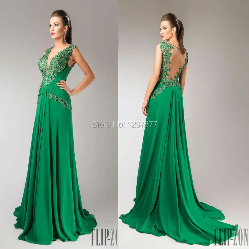 Forest Fitted Green Prom Dress Chiffon Formal Evening Gown With Beaded Lace Appliques Sheer Nude
