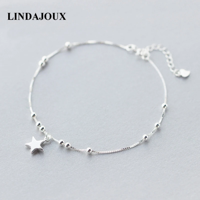 

LINDAJOUX Simple 925 Sterling Silver Beaded Polished Star Charm Anklet For Women S925 Ankle Bracelet Adjustable Length
