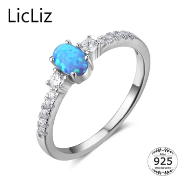 

LicLiz 925 Sterling Silver Rings Women Blue Opal Ring Engagement Wedding Band Gemstone Solitaire Ring CZ Eternity Band LR0356