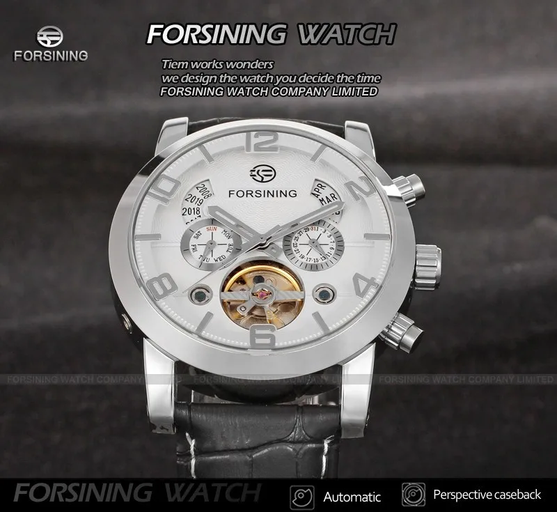 FORSINING FSG165M3S3 новые автоматические Модные мужские часы турбийон Серебряные наручные часы для мужчин Лучший подарок