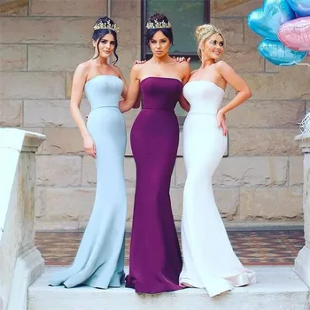 

Elegant Mermaid Strapless Bridesmaid Dresses Sleeveless Floor Length Simple Satin Maid Of Honor Dress 2019 Cheap Party Gowns
