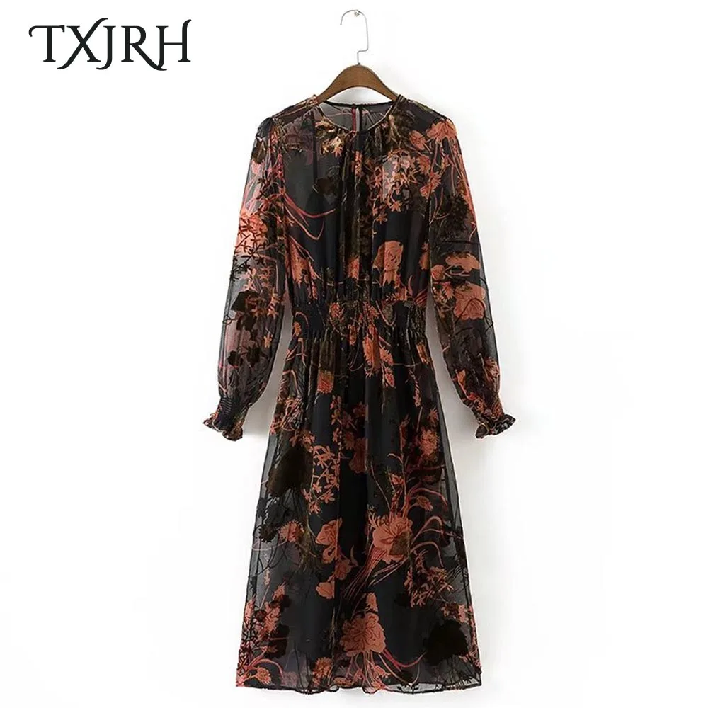 

TXJRH Vintage Ethnic Floral Print Chiffon Elasticity Waist Casual Backless Knee-Length Swing A-Line Dress Fashion Women Vestidos
