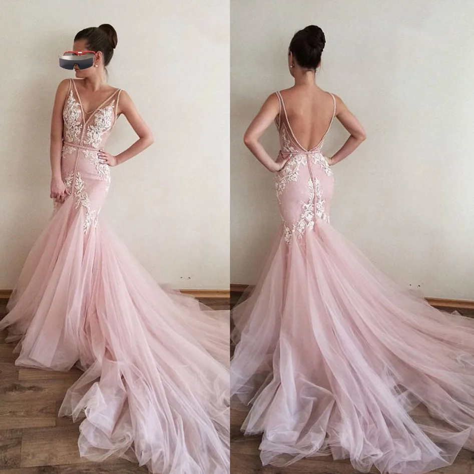 

Pink Muslim Evening Dresses 2019 Mermaid V-neck Tulle Lace Appliques Backless Islamic Dubai Saudi Arabic Long Evening Gown Prom