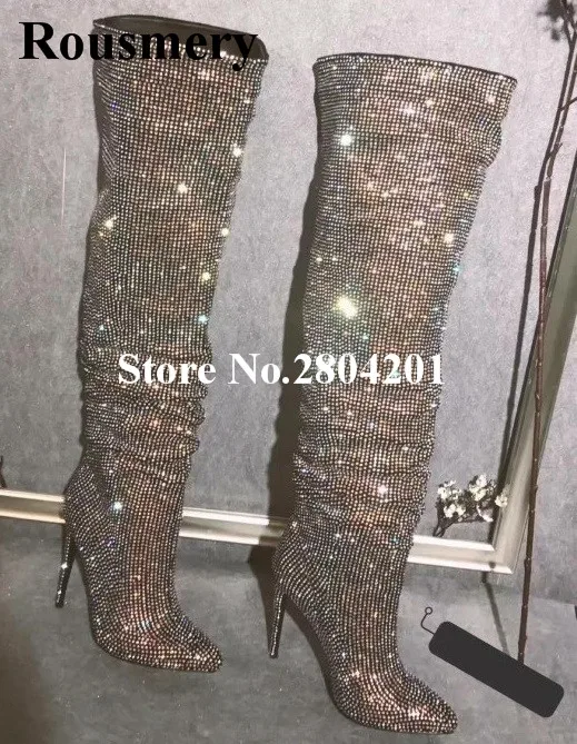 Rhinestone La Muslo Diseño Del Punta Fiesta De Rousmery Estrecha Altas Sobre Rodilla Zapatos Marca Botas Bling Mujeres Alto Talón 6q6Uv8OA