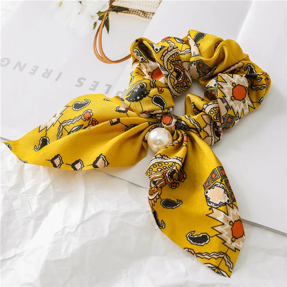 2021 New Chiffon Bowknot Silk Hair Scrunchies Women Pearl Ponytail Holder Hair Tie Hair Rope Rubber Bands Hair Accessories elastic headbands for women