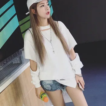 

Summer Loose Korean Harajuku Style White Women T Shirt Personality Holes Long Sleeve Student Tops Fashion Tees Black T Shirts T2