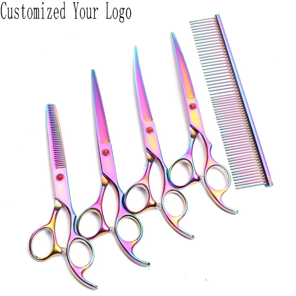 

7.0" Customize Logo Multi-Color Animal Shears Cutting Scissors Thinning Shears Dog Curved Shears Pet Scissors Grooming Kit C3003