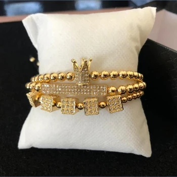 

3Pcs/Sets Luxury CZ Paved Dice Crown Bar Bracelet Sets 5mm Copper Beads Couple Bracelet Sets For Male Hand Jewelry Accessories