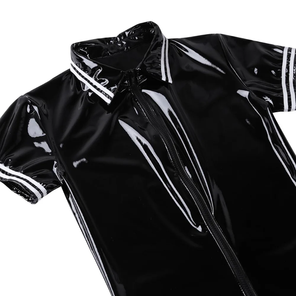 iEFiEL Mens Latex Wetlook Sexy Lingerie Clubwear Patent Leather Front Zipper Boxer Shorts Leotard Bodysuit Costumes Bodystocking -