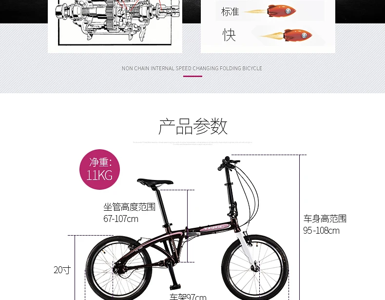 Flash Deal TDJDC D20, 20" 3 Gear No-Chain Folding Road Bike, Sport Bicycle, Shaft Drive Bike, Light Weight Aluminum Alloy Frame 16