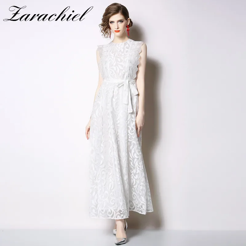 

2019 Summer Runway Maxi Dresses Women's Elegant Sleeveless Crochet Flower White Black Robe Femme Vintage Long Dress With Belt