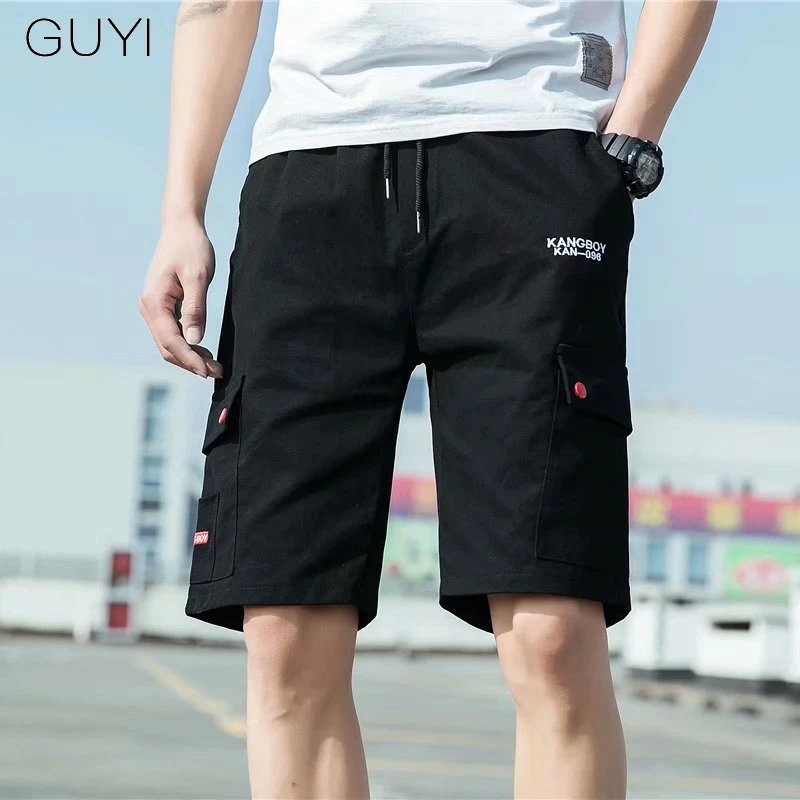 

GUYI Black Grey Solid Red Label Cargo Shorts Men Drawstring Pocket Knee Length Short Male Fashion Casual Tactical Streetwear