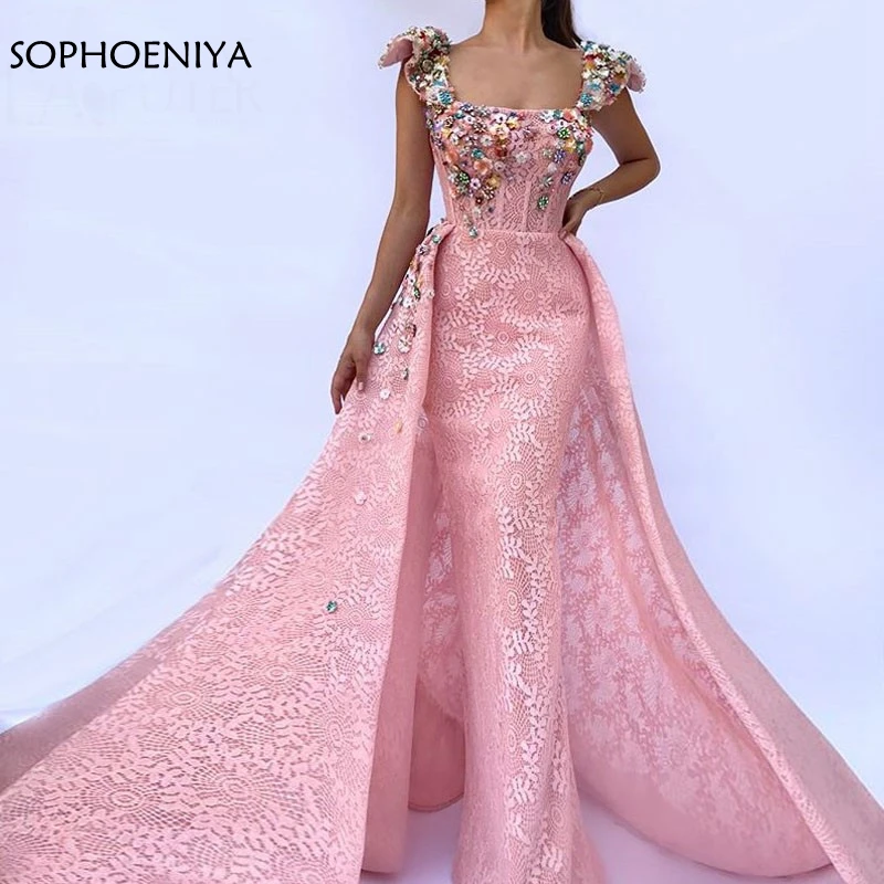 

New Arrival Pink Lace evevning dress 2019 Colorful Beading Mermaid dress Party evening gowns kaftan dubai Arabic Formal dress
