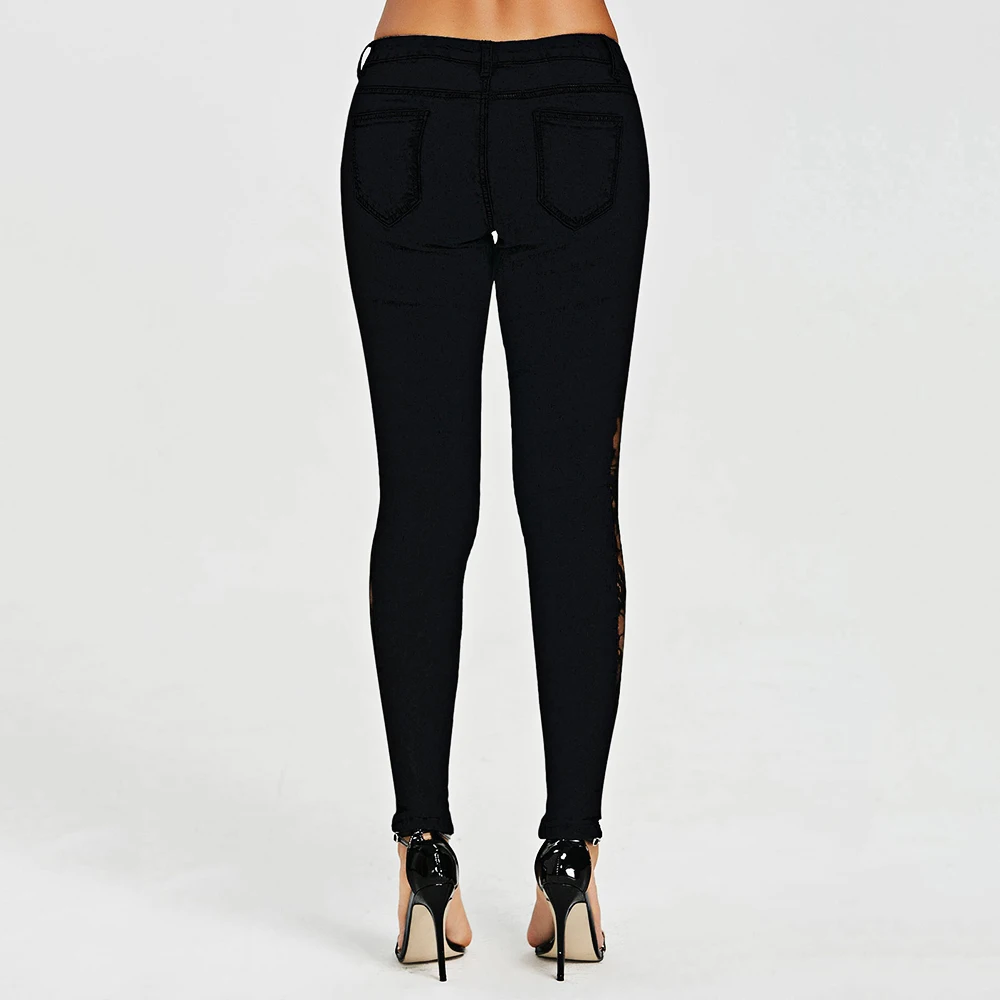 Kenancy женские джинсы Большие размеры прозрачные кружевные боковые с низкой талией джинсы тонкие повседневные узкие кружевные панельные узкие джинсовые прозрачные брюки