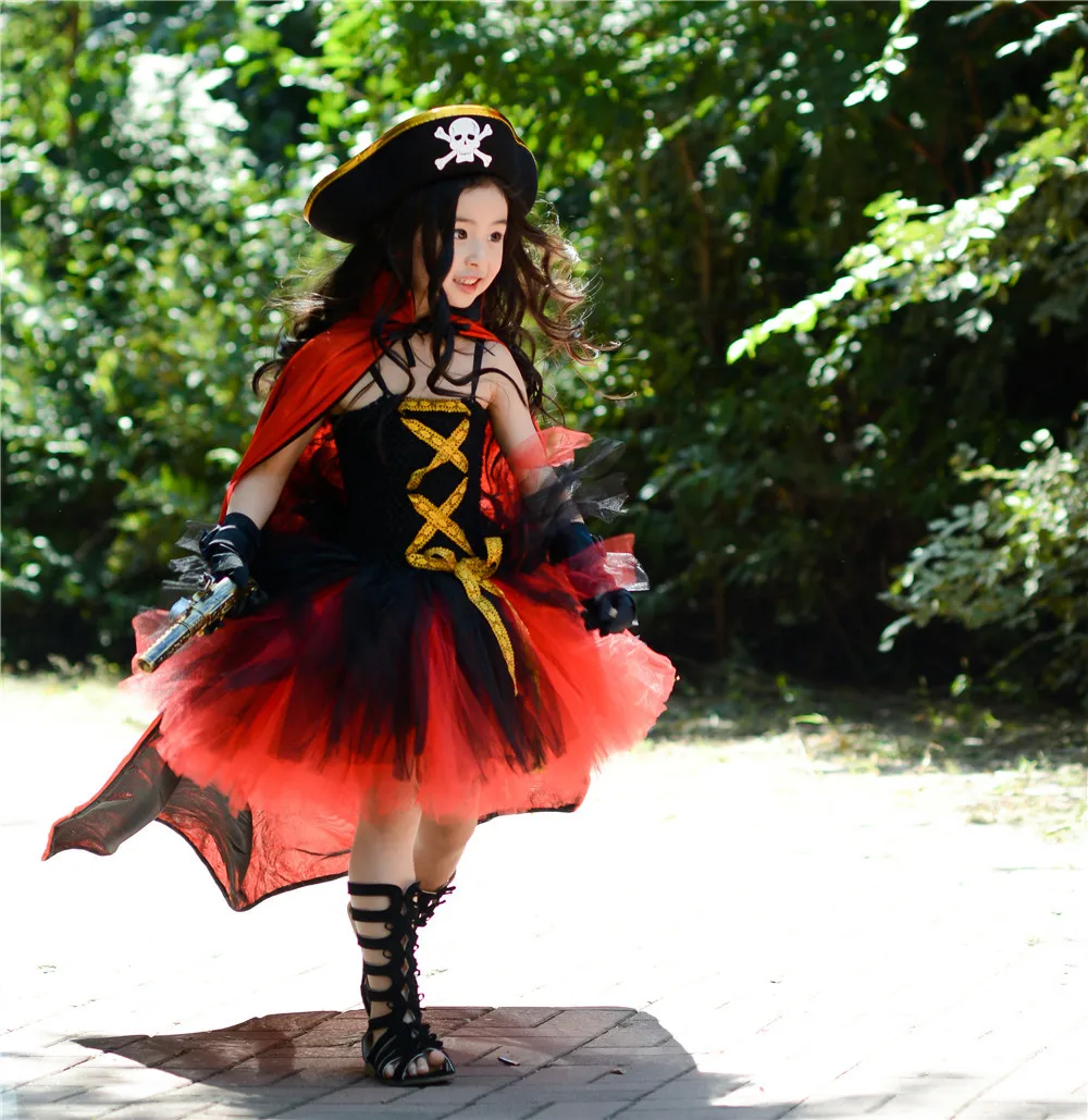 Halloween Pirates Kids Girls Costume With Hat Pirates Tutu Dressed Up Black Toddler Girls Cosplay Clothes