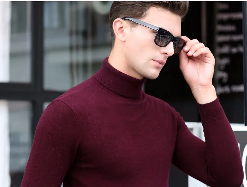 Модный классический Однотонный свитер с воротником под горло, мужской зимний теплый пуловер, мужские облегающие кашемировые шерстяные свитера 6347