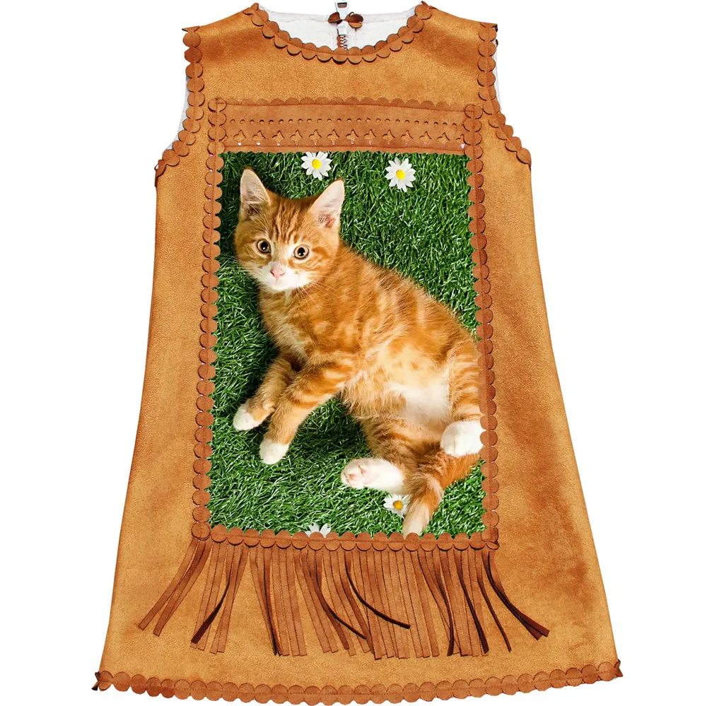 Платья для маленьких детей; платья для девочек; сезон осень-зима; Желтая кошка; коллекция года; детская одежда с принтом; модные праздничные платья из искусственного меха для малышей