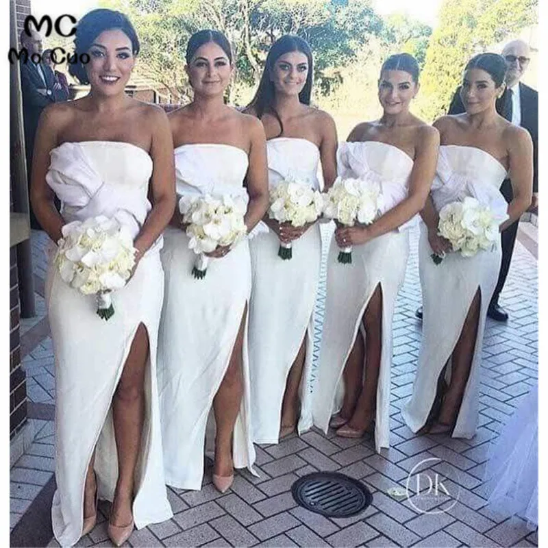 HOT SELL STRAPLESS SPLIT SIDE WHITE BRIDESMAID DRESSES FOR WEDDING