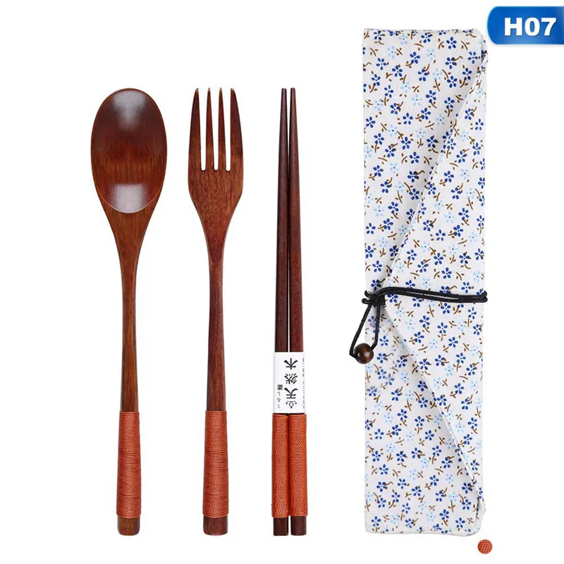Японский винтажный портативный проволочный завернутый деревянный палочки для еды Ложка Вилка посуда 3 шт. набор подарок синий мешок - Цвет: 7