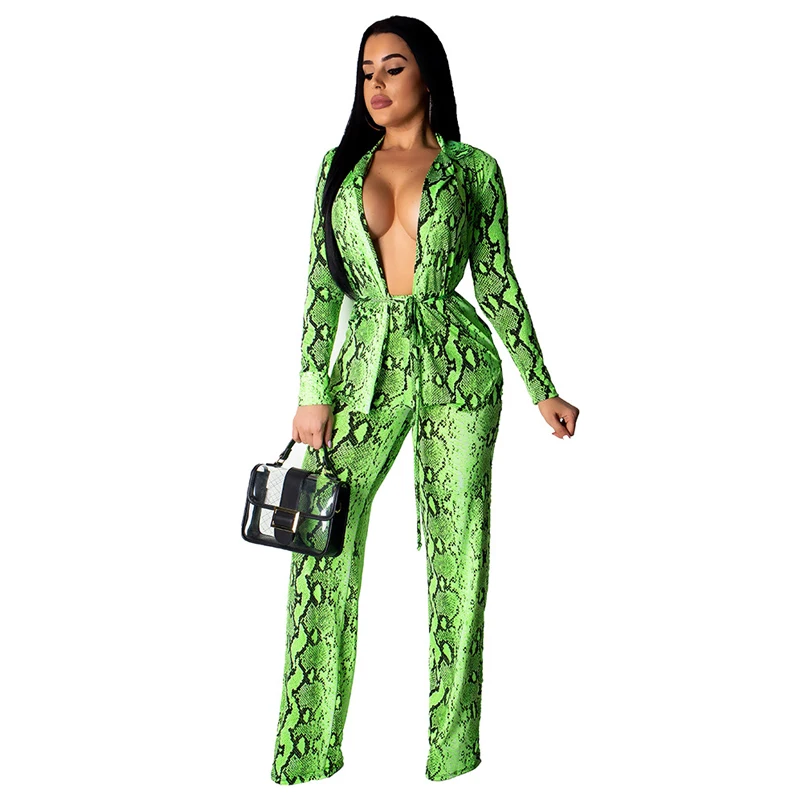 

Neon Green Summer 2019 New 2 Piece Set Women Suit Jackets And Wide Leg Pants Women Sets Vintage Snake Print Sashes Matching Set
