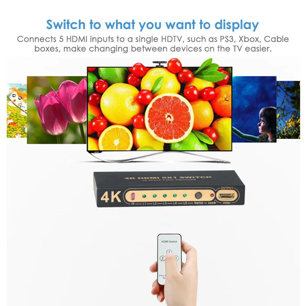 Aikexin 5 Port HDMI Switch 4K x 2K 1080P HDMI Switcher 5x1 HDMI Splitter 5 input 1 output with IR Remote for Xbox 360 PS3/4