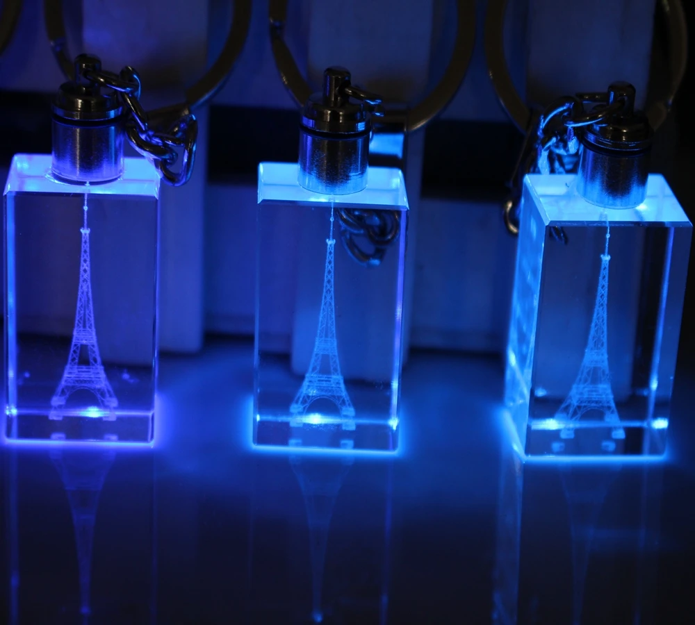 

Free shipping 5pcs/lot LED crystal keychain 3D Eiffel Tower laser engraving metal keychain ,customized logo