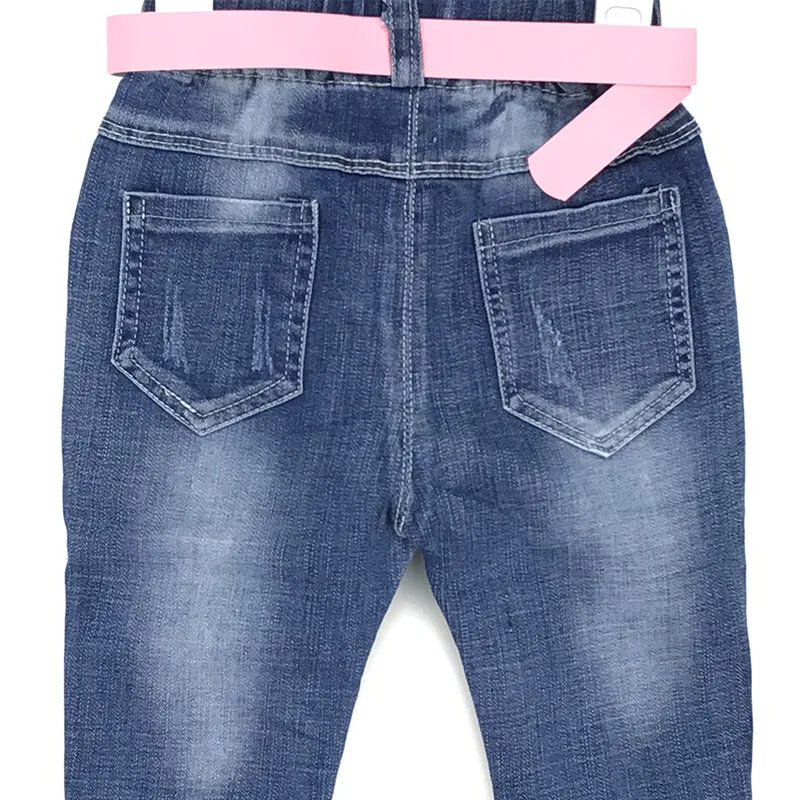 Новые дизайнерские детские милые джинсы штаны для девочек с розовым поясом, джинсы для маленьких девочек детские брюки с эластичной резинкой на талии