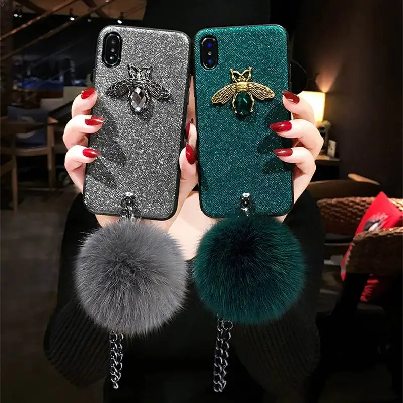 

Luxury Fur Ball Diamond Bee Glitter Hand Strap Soft Case For Iphone X XR XS Max 6 S 7 8 Plus 7Plus 8Plus Fashion brand Cover