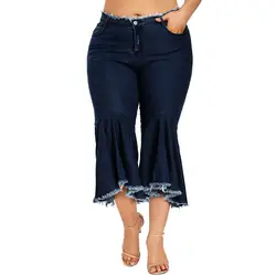 2019 Новое поступление Для женщин осень упругой плюс свободные джинсовые кнопка карман повседневные ботинки Cut брюки laciness джинсы бесплатная