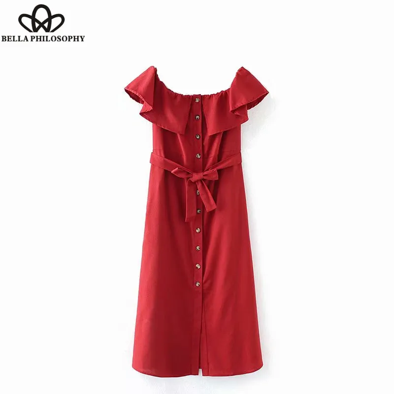 Wonder 2018 new vintage ruffles slash neck buttons midi dress ladies bow tied sashes vestidos casual slim autumn party dress