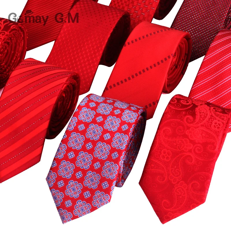 

High Quality Ties for Men Fashion Jacquard Woven Classic Mans Necktie For Wedding 6cm Width Slim Groom Neck Tie Red Striped Tie