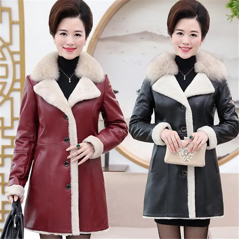 Новая зимняя куртка Для женщин высокого качества из искусственного меха пальто куртка из искусственной кожи искусственная(плюс Размеры Толстая зимняя кожаная куртка для женщин средних лет; пальто