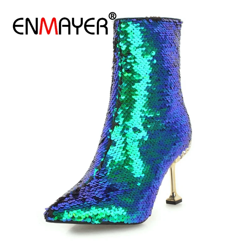 

ENMAYER Women Ankle boots Pointed Toe High heels Short boots Autumn Winter boots Glitter shoes Thin heels Silver Zipper CR1197