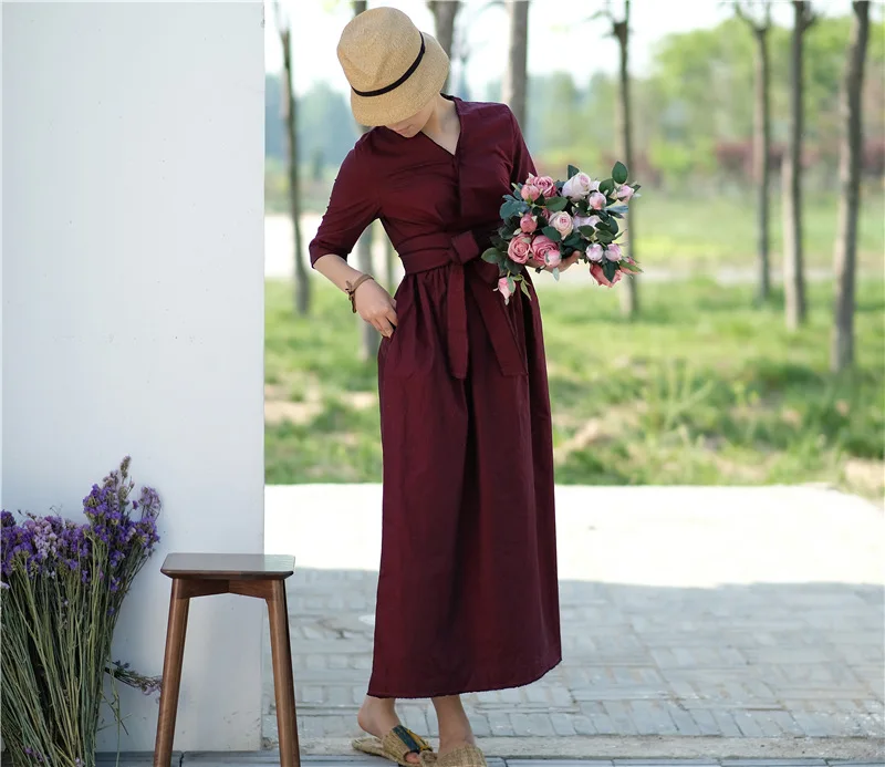 Origional Summer Cotton Linen Vintage Cotton V-neck Belt Small Loose Dress