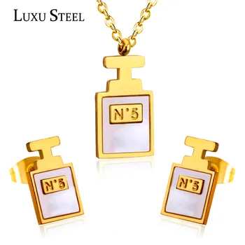 

LUXUSTEEL Cute Style Carving No.5 Geometry Shell Necklace Earring Sets Fashion Stainless Steel Jewelry Sets Costume Jewelry