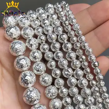 

Round Silver Color Volcanic Lava Stone Beads Natural Hematite Loose Spacer Beads For Jewelry Making DIY Bracelet 15" 4/6/8/10mm