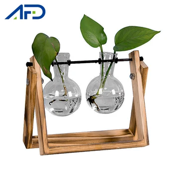 

Creative Hydroponic Plant Transparent Vase Decoration Home Tabletop Wooden Frame Terrarium Glass Flower Vases for Homes