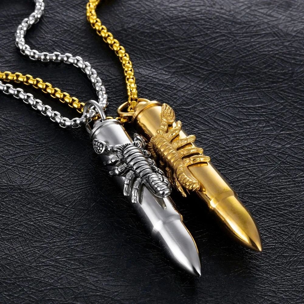 

Novelty Male Boy Men Scorpion Bullet Necklace & Pendant Empty inner Stainless Steel Chain Fashion Jewelry Drop Shipping. QL1372