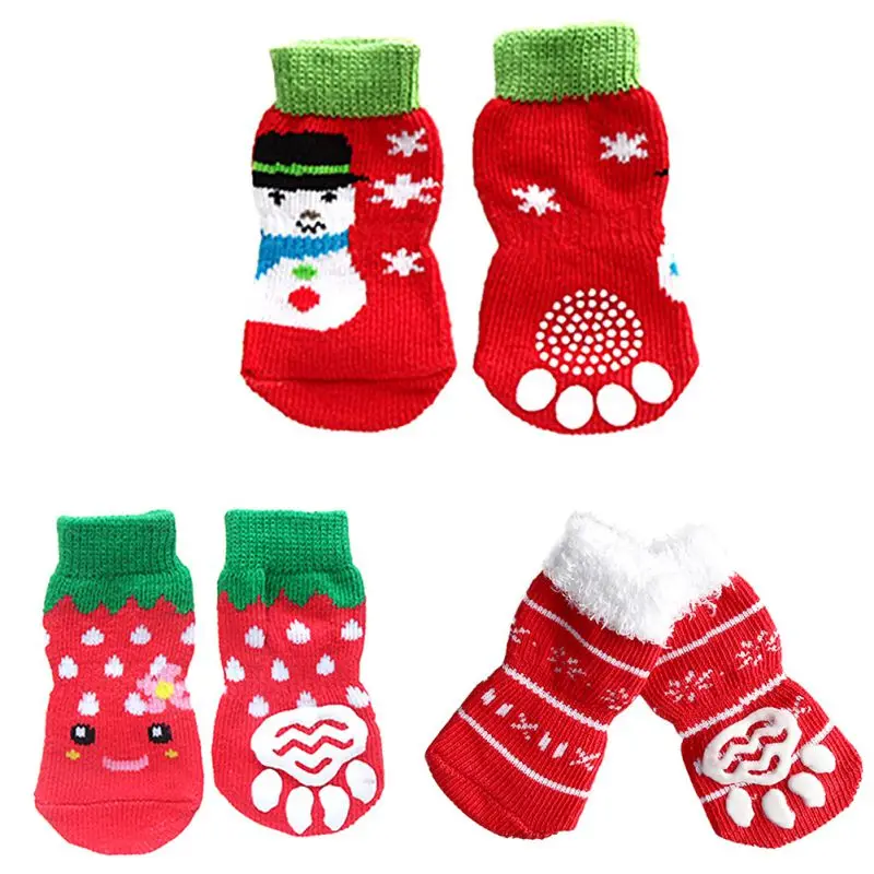 

4PCS/Set Pet Dogs Soft Cotton Anti-slip Knit Shoes Weave Warm Christmas Sock Skid Bottom Mini Dog Socks Indoor Outdoor Party