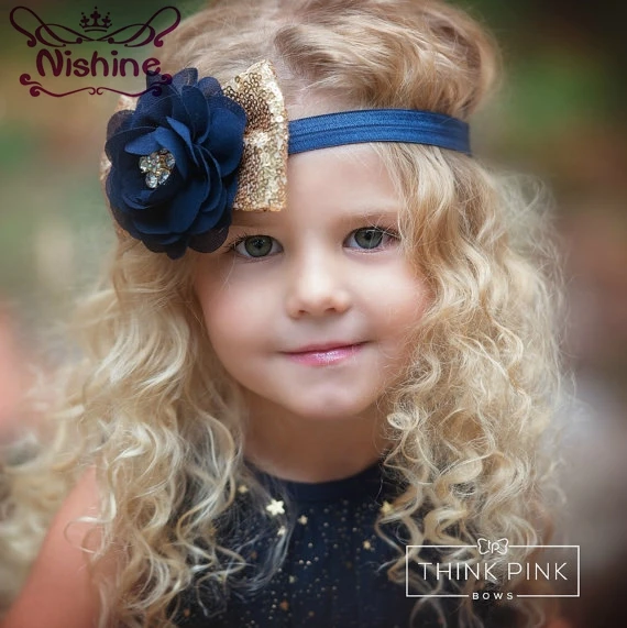 1 шт. новый темно синий Шифоновый Цветок Nishine с золотыми блестками бант для