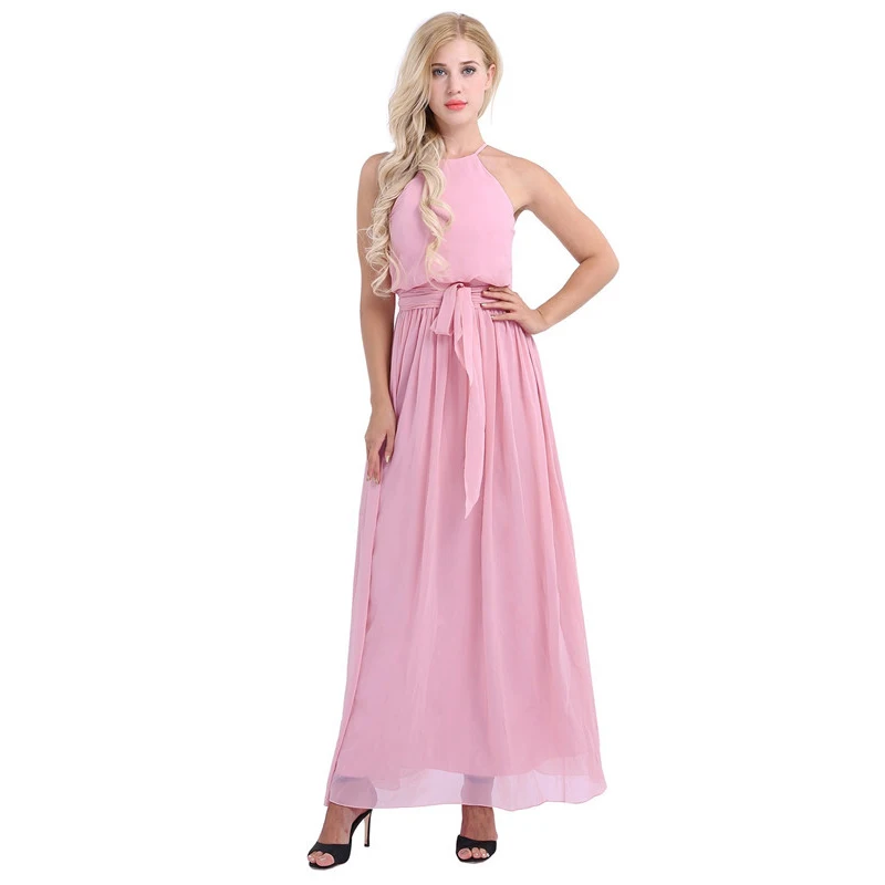 Vestido de Dama de Honra Festa de Casamento sem Mangas Vestido de Baile de Formatura Vestido de Comprimento Mulheres Senhoras Elegante Chiffon Longo Halter Completo 22 Casamentos e Eventos