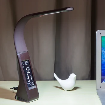 

WoodPow Gooseneck LED Office Desk Lamp Touch Leather-Like Dimming Reading Table Lamp Light With Alarm Clock Calendar LCD Display