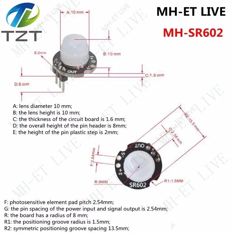 Мини модуль детектора движения TZT SR602 пироэлектрический инфракрасный PIR комплект