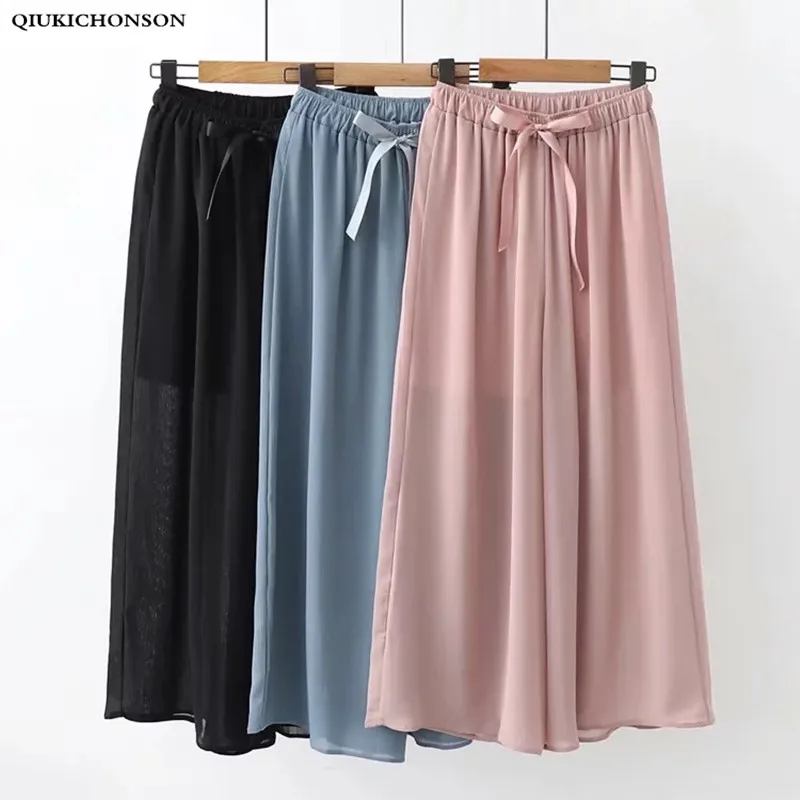 

Casual Loose Pants Women Spring Summer Bow Decoration Elastic Band High Waist Wide Leg Pants Ladies Chiffon Trousers Palazzo