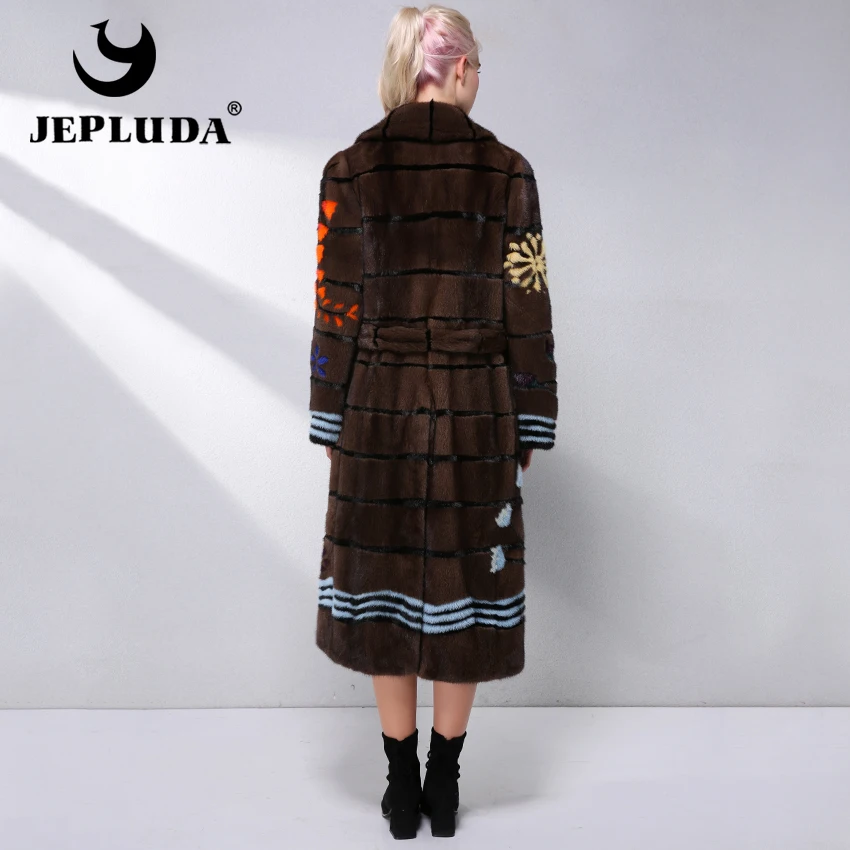 JEPLUDA Женская Норковая Шуба Натуральный Мех Американский с Цветочный Рисунок