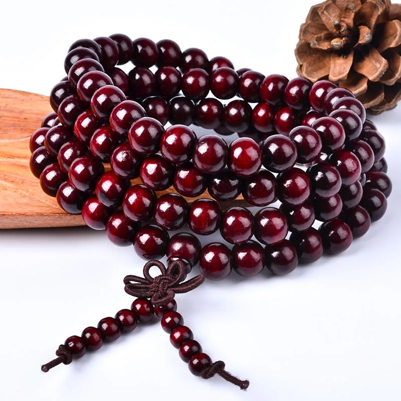 

108pcs Red Wood Beads Rosary Men Buddha Bracelet Chinese Knot Decoration Male Fashion Accessories