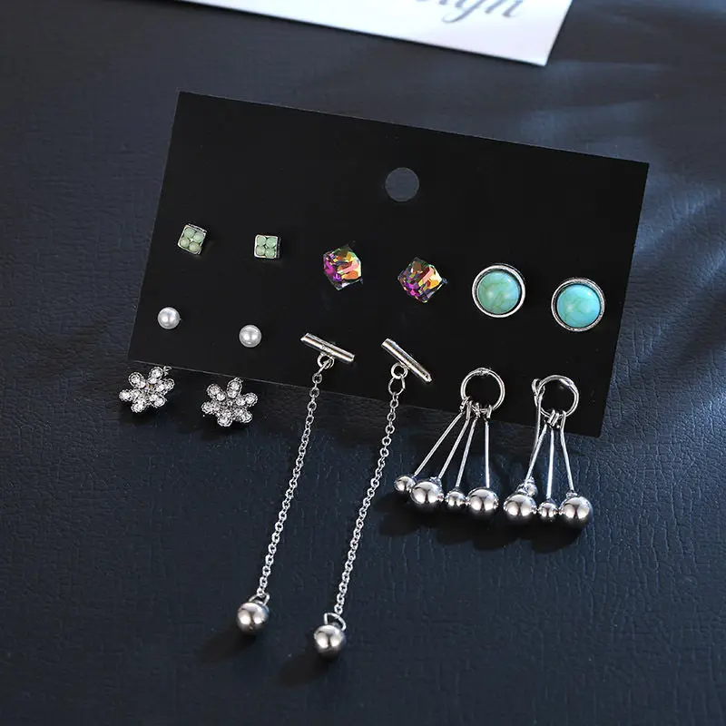 Winterxue 6Pairs New Stud Earrings Set For Women Punk Fashion Jewelry Crystal Stone Long Piercing Pendientes Brincos | Украшения и