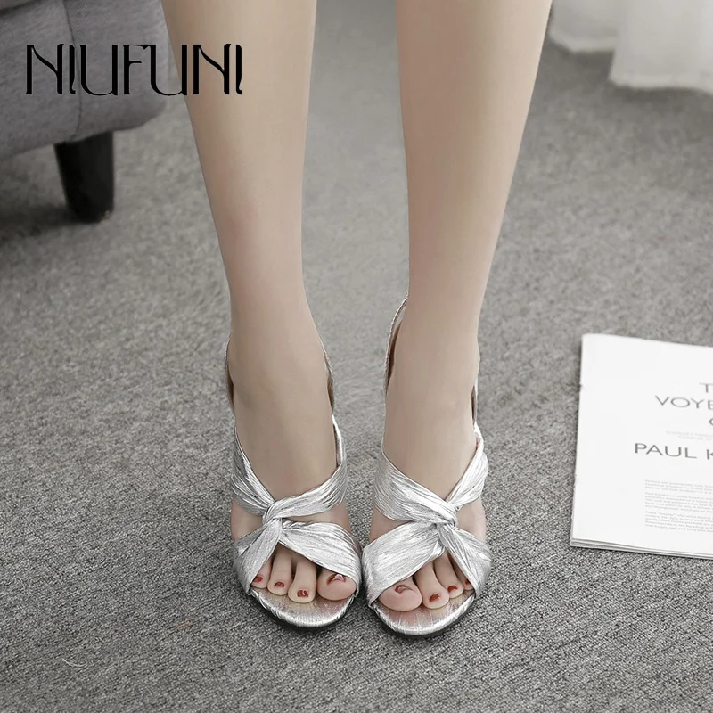 

Peep Toe High Heels Sexy Elastic Band Cross With Roman Women's Sandals 2020 Summer Hollow Fashion Wild Wear NIUFUNI Ladies Shoes