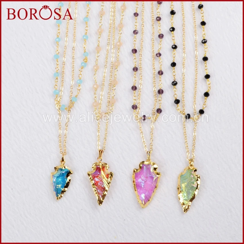 

BOROSA Gold Color Rough Natural Titanium Quartz Arrowhead Layer Necklace with Mixed Color Stone Beads Handmade Necklace G0760