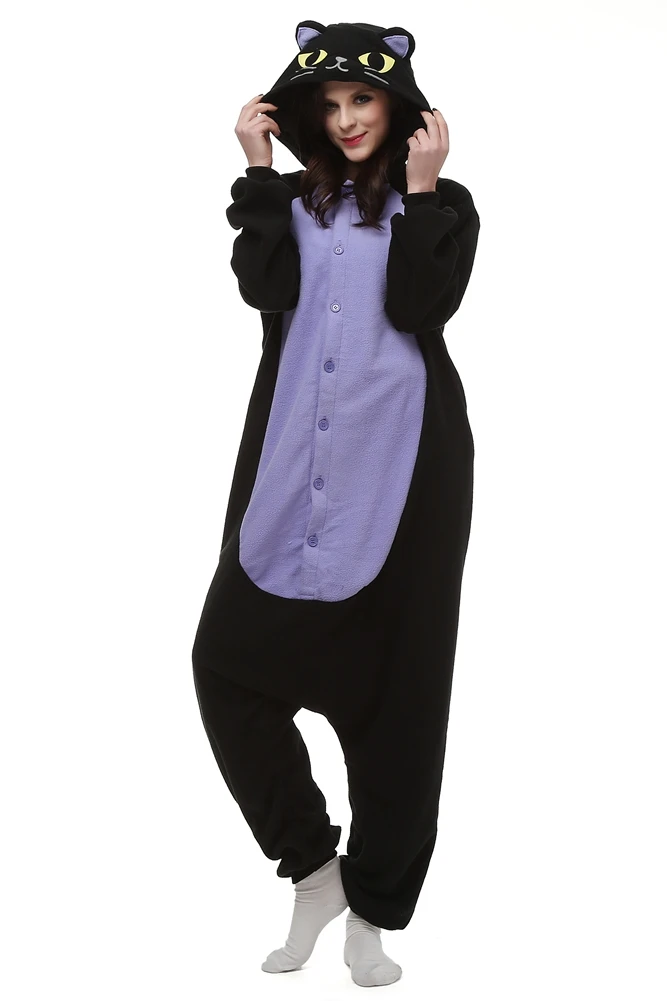 Кигуруми взрослых Onesie Черный кот пижамы Полуночный Кот пижама в виде костюм косплея унисекс мультфильм спальный костюм